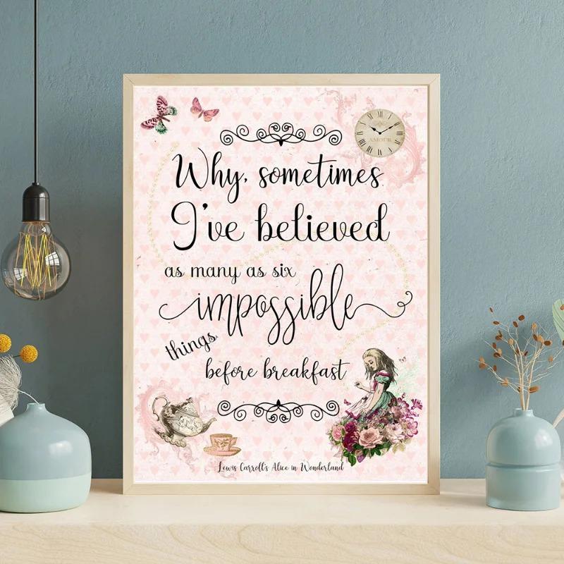 Cartoon Retro Colored Alice In Wonderland Inspirational Quote Poster Canvas Painting Wall Art for Living Room Kids Home Decor
