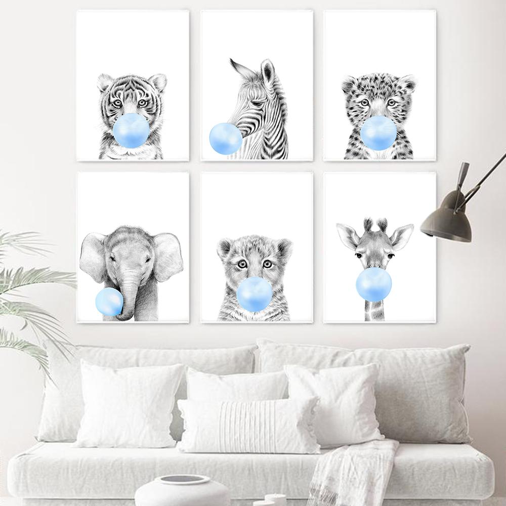 Blue Bubble Elephant Giraffe Poster Print Animal Nursery Wall Art Canvas Painting Child Picture Kids Baby Room Decoration Nordic