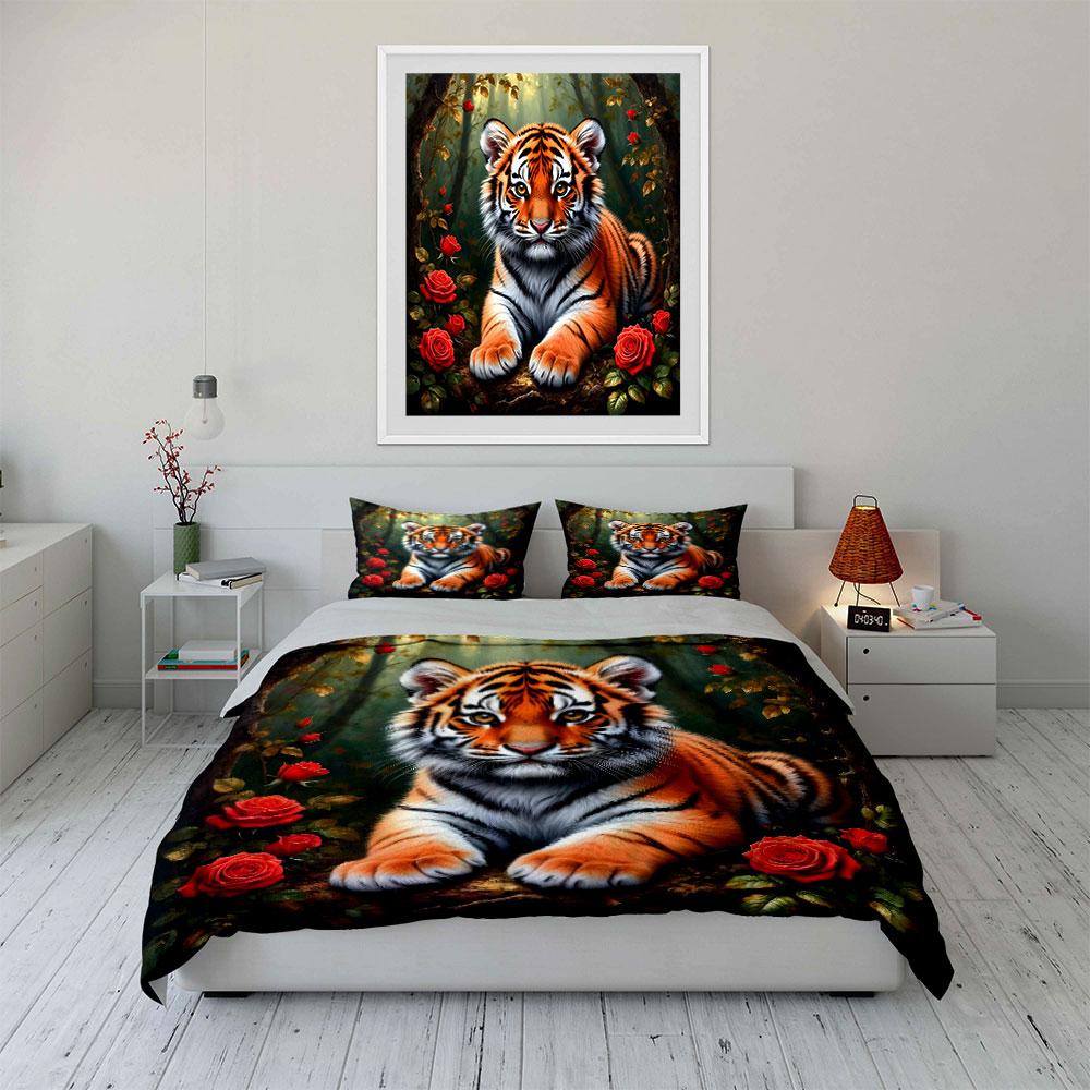 Tiger with Red Roses Forest Bedding Duvet Cover Set (1*Duvet Cover 2*Pillowcases, without duvet insert)