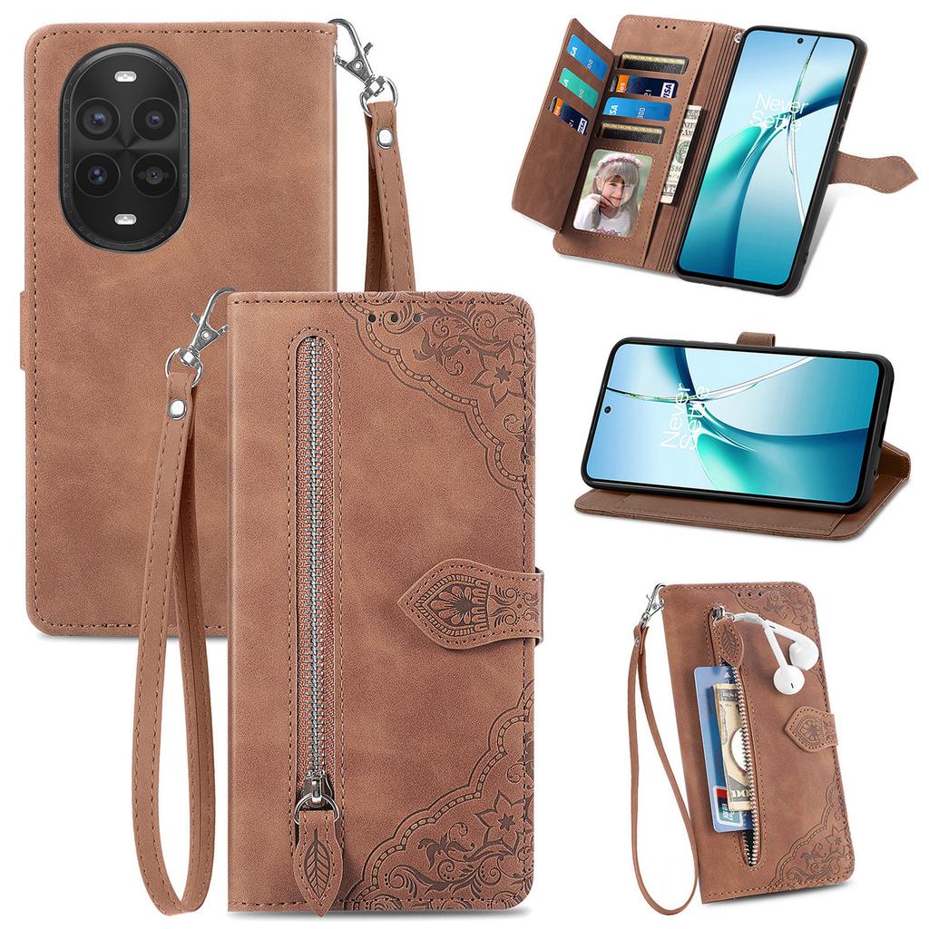 Чехол-кошелек на молнии для Huawei nova 13 Pro 5G с ремешком, с цветочным тиснением, из ПУ кожи, чехол для телефона