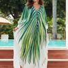 Women's Fashion Vacation Summer Spring Green Leaf Print Long Sleeve V-Neck Casual Dresses