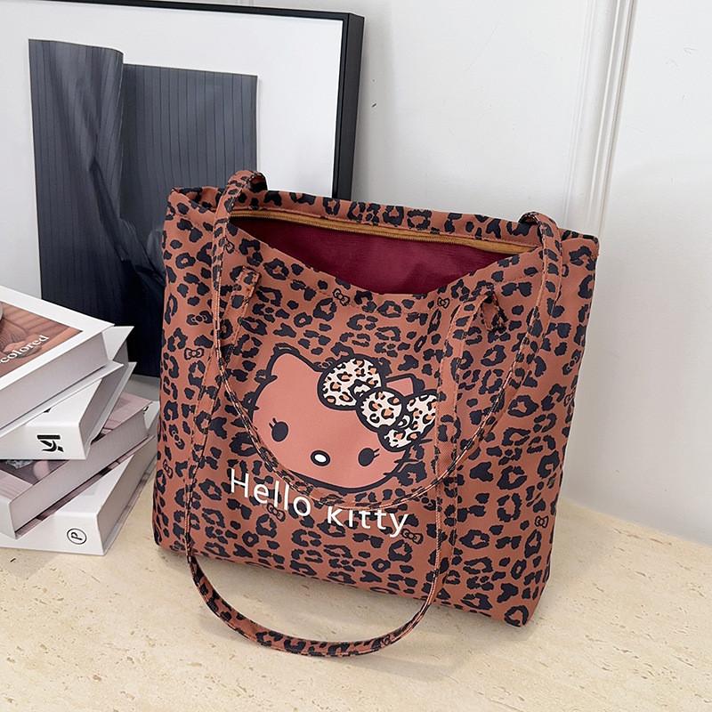 Канвасовая сумка через плечо для девочек Hello Kitty с леопардовым принтом, из дышащей легкой ткани, для школы и повседневного использования