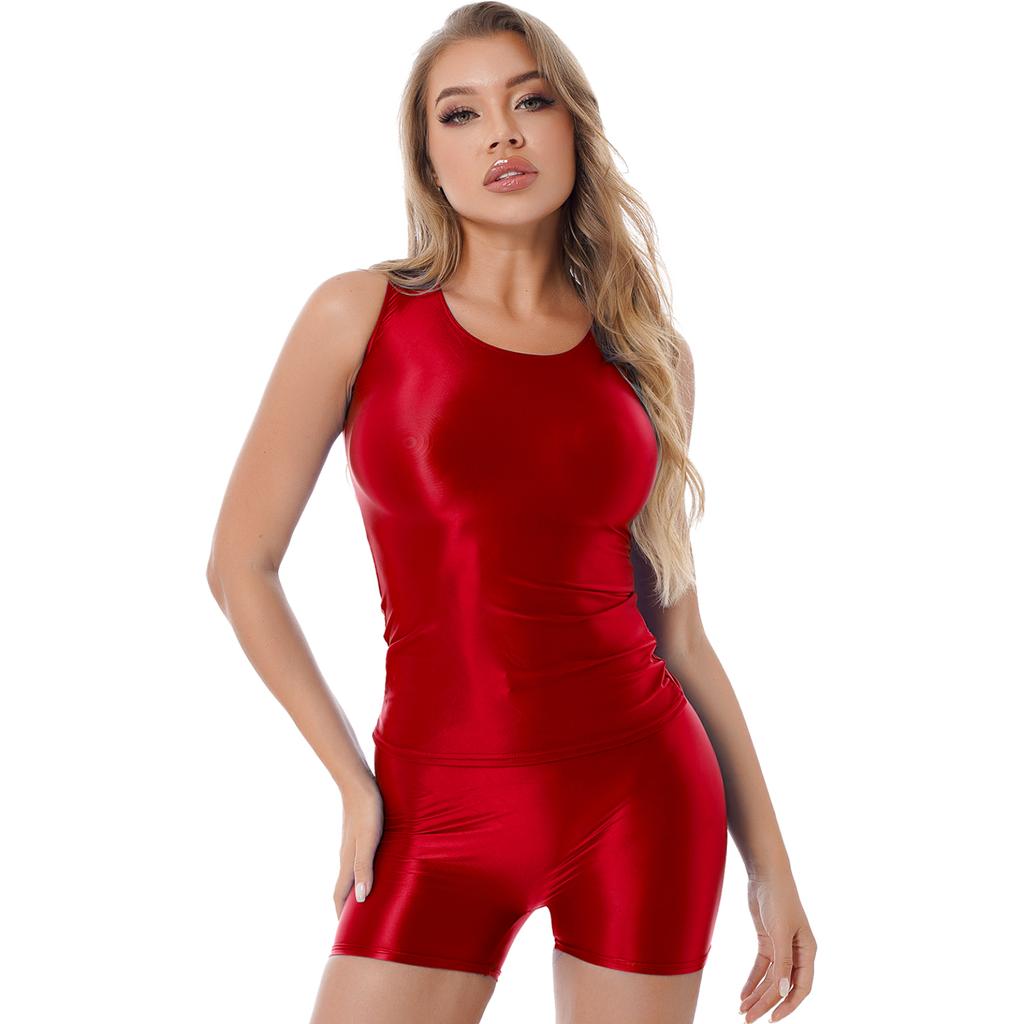 2Pcs Womens Glossy Swimsuit Outfit Sleeveless Tights Tee With Shorts Set Yoga Workout Sports Suit Pole Dancing Clubwear