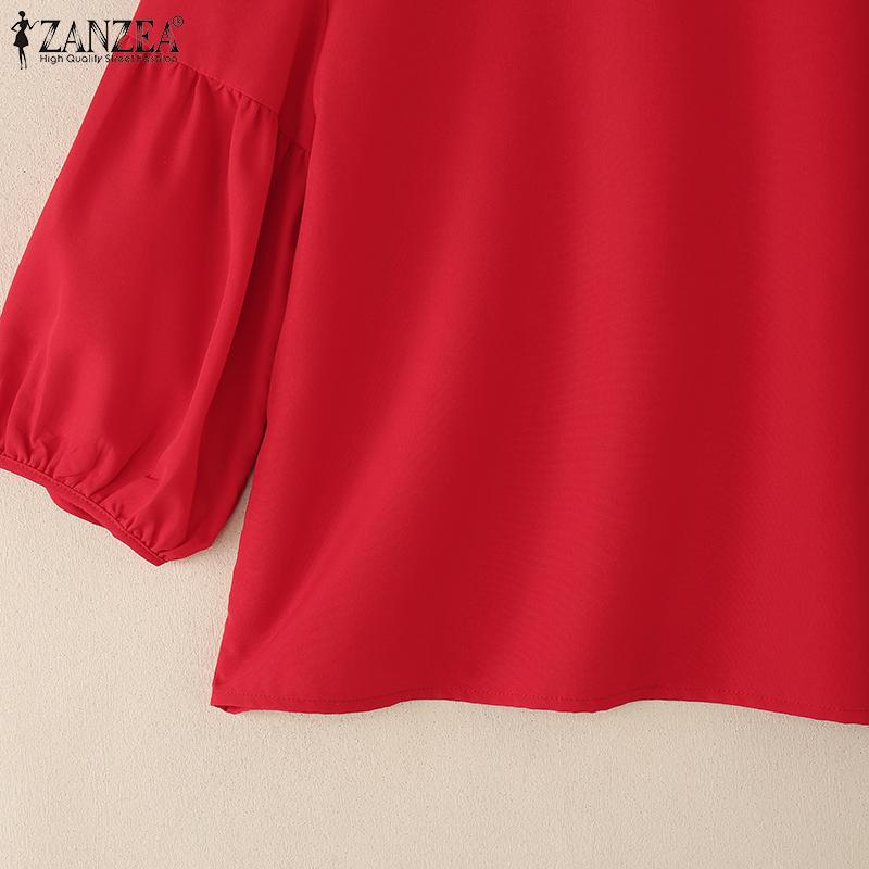 ZANZEA Женская летняя блузка с круглым вырезом, свободного кроя, с рукавом 3/4, однотонная