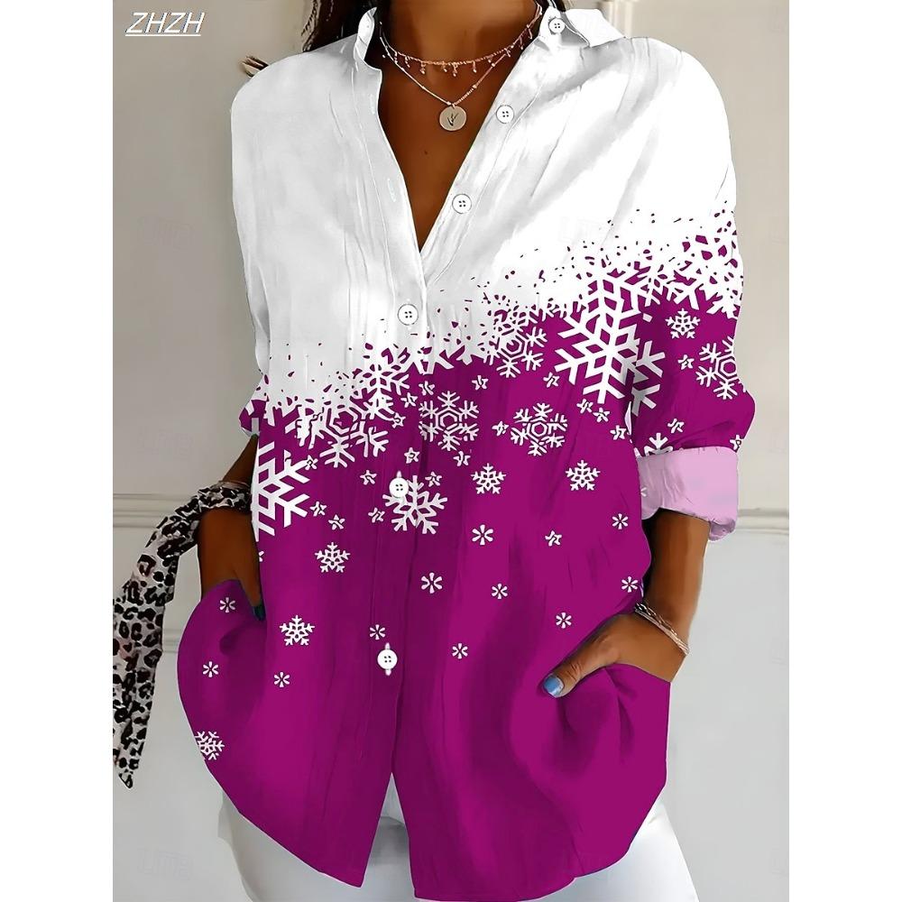 Women's 2025 Long Sleeve Shirt, Polyester Blend Slim Fit, Snowflake Elegant Graphic Casual Daily Wear, Spring Autumn Blouse Tops