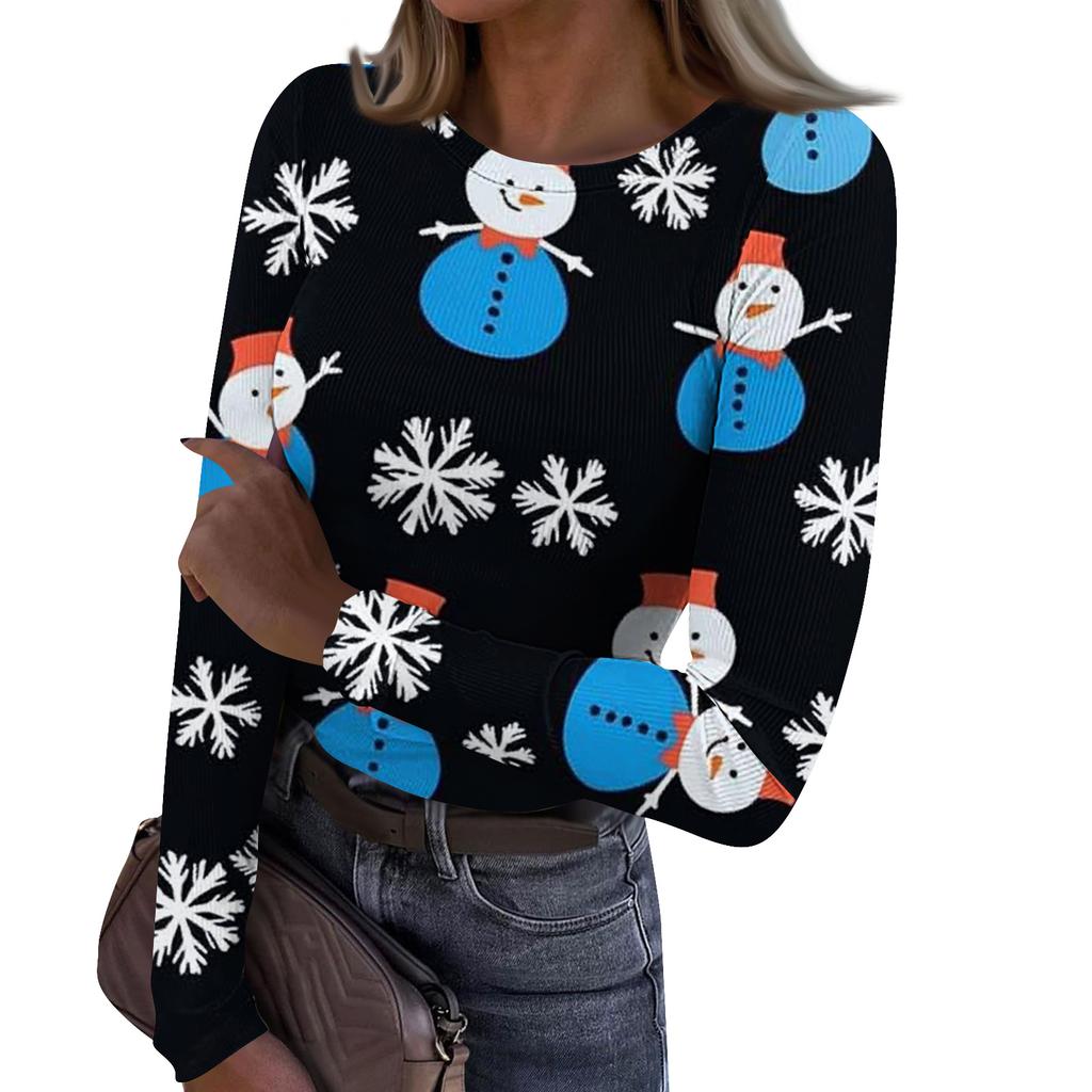 Women's Fashion Slim-Fit Round Neck Base Layer T-Shirt Christmas Print Long-Sleeved Top