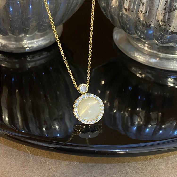 Elegant Women's Rotating Necklace Set with Round Cat's Eye Stone and Diamond Accents