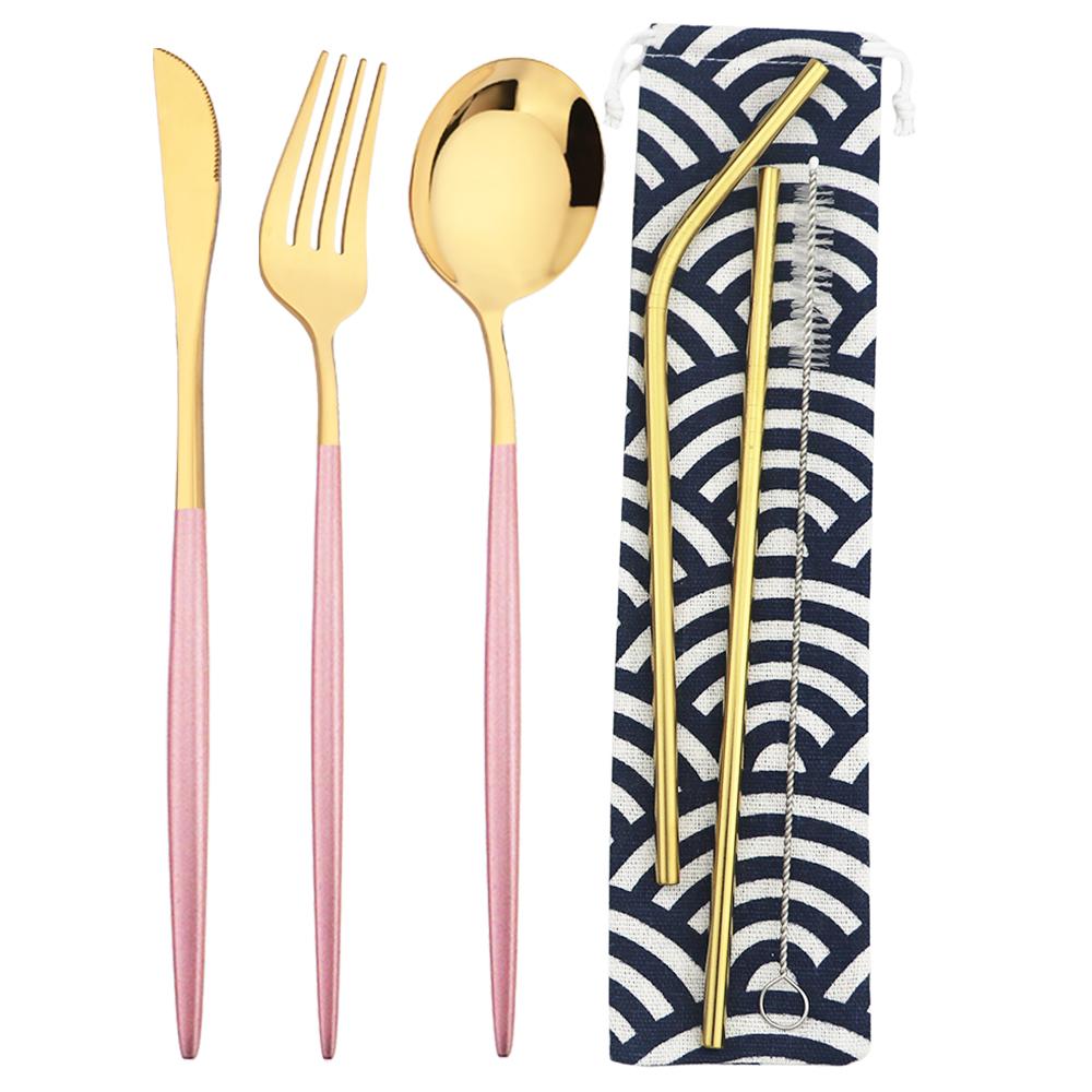 6 шт., набор столовых приборов для кемпинга, дорожный набор столовых приборов, нож, вилка, ложка, соломинка с портативной сумкой, набор посуды из нержавеющей стали