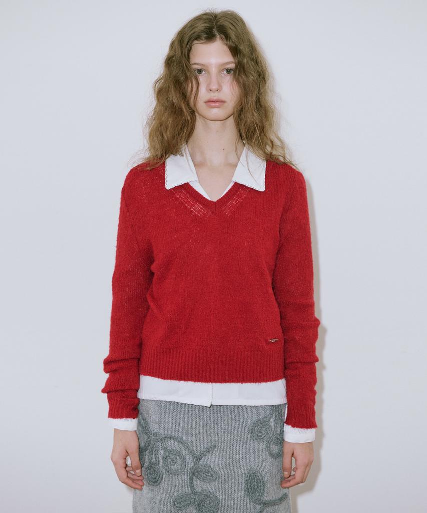 SINOON Hairy Boucle V-Neck Knit (Red)