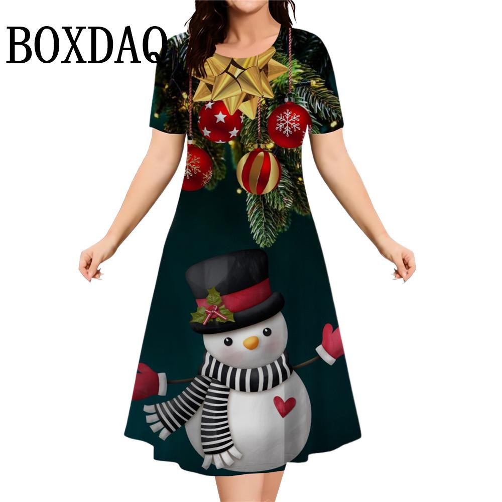 Christmas Tree Print Women Dresses 2026 New Fashion Cute Santa Claus Casual Short Sleeve O-Neck Loose A-Line Party Dress Vestido