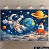 2D plane stretched and floating astronaut background fabric. Cartoon astronaut floating in space and stretching out both arms.
