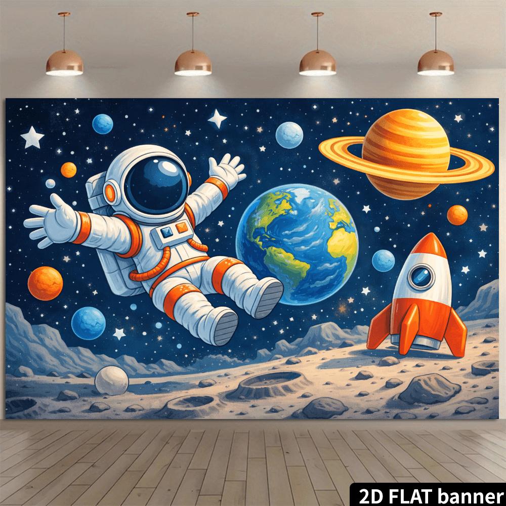 2D plane stretched and floating astronaut background fabric. Cartoon astronaut floating in space and stretching out both arms.