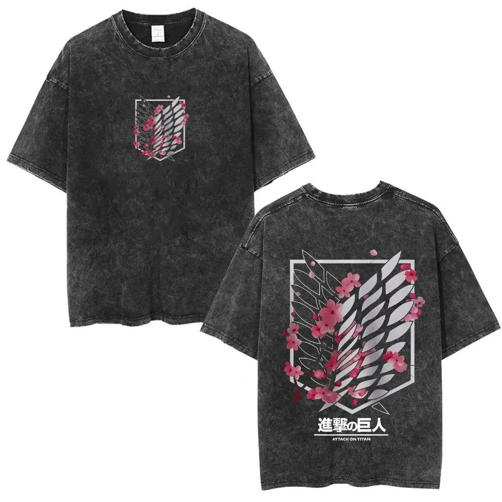 Washed Retro Anime Attack Titan Pattern T-Shirt Men'S And Women'S Comics Retro Oversized T-Shirt Men'S Fashion Casual Cotton T
