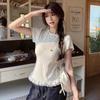 Women's Slim Fit Korean Style Ruffle Lace Patchwork Knitted T-Shirt