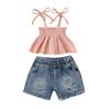 Kids Girls Shorts Set, Tie-up Pleated Camisole with Ripped Denim Shorts Summer 2-piece Outfit