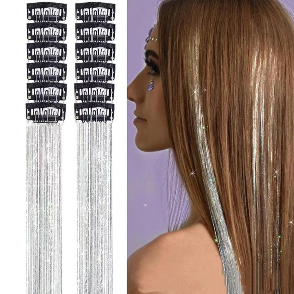 12Pcs Synthetic Hair Glitter Tinsel Hair Sparkle Hair Tinsel Kit Highlights Hair Accessories