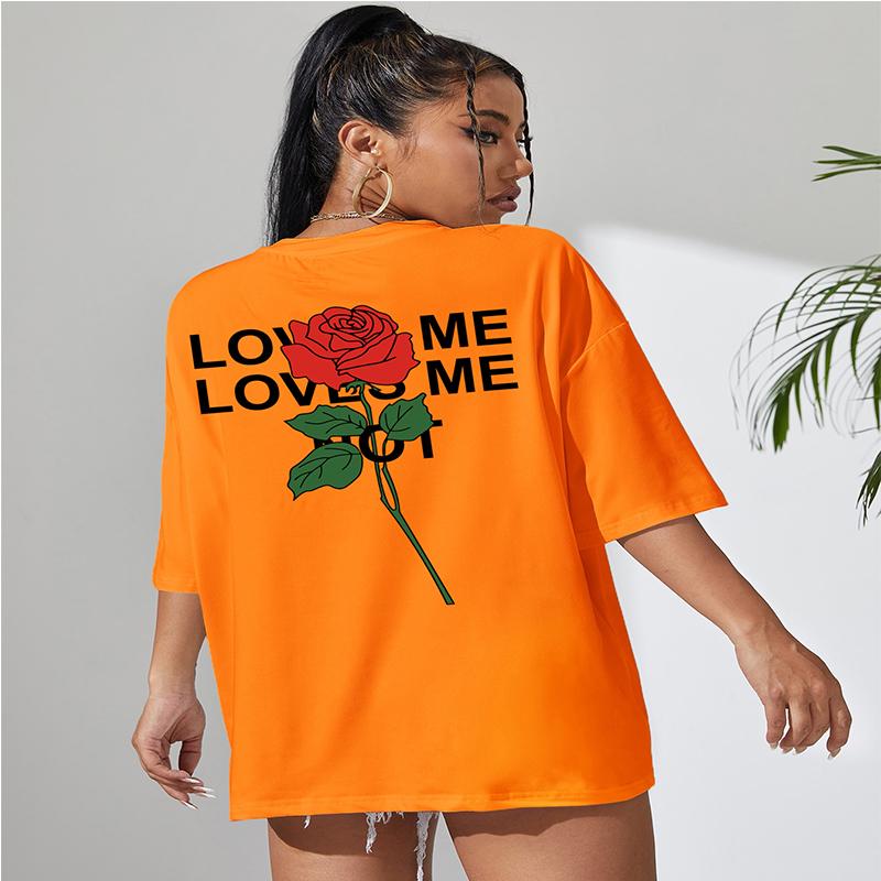 Женская футболка с буквенным принтом LOVE ME и роза, летняя свободная одежда большого размера, дышащие футболки в стиле хип-хоп из 100% хлопка с короткими рукавами