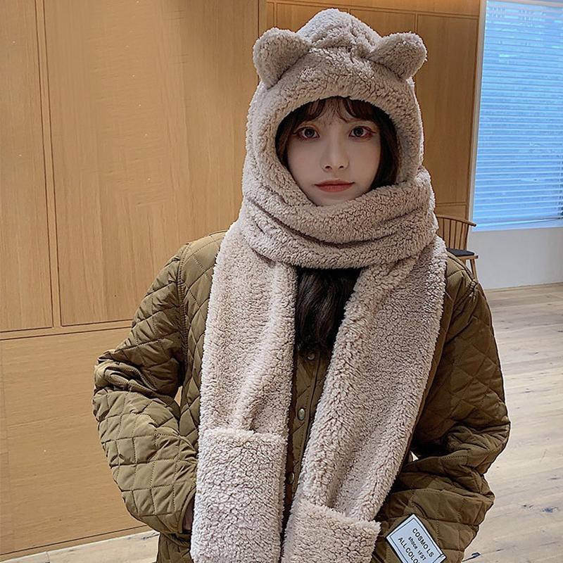 Winter Women One Piece Scarf Cap Winter Thick Warm Hat Scarf Gloves Windproof Anti-cold Girls Cartoon Bear Lamb Fleece Beanie