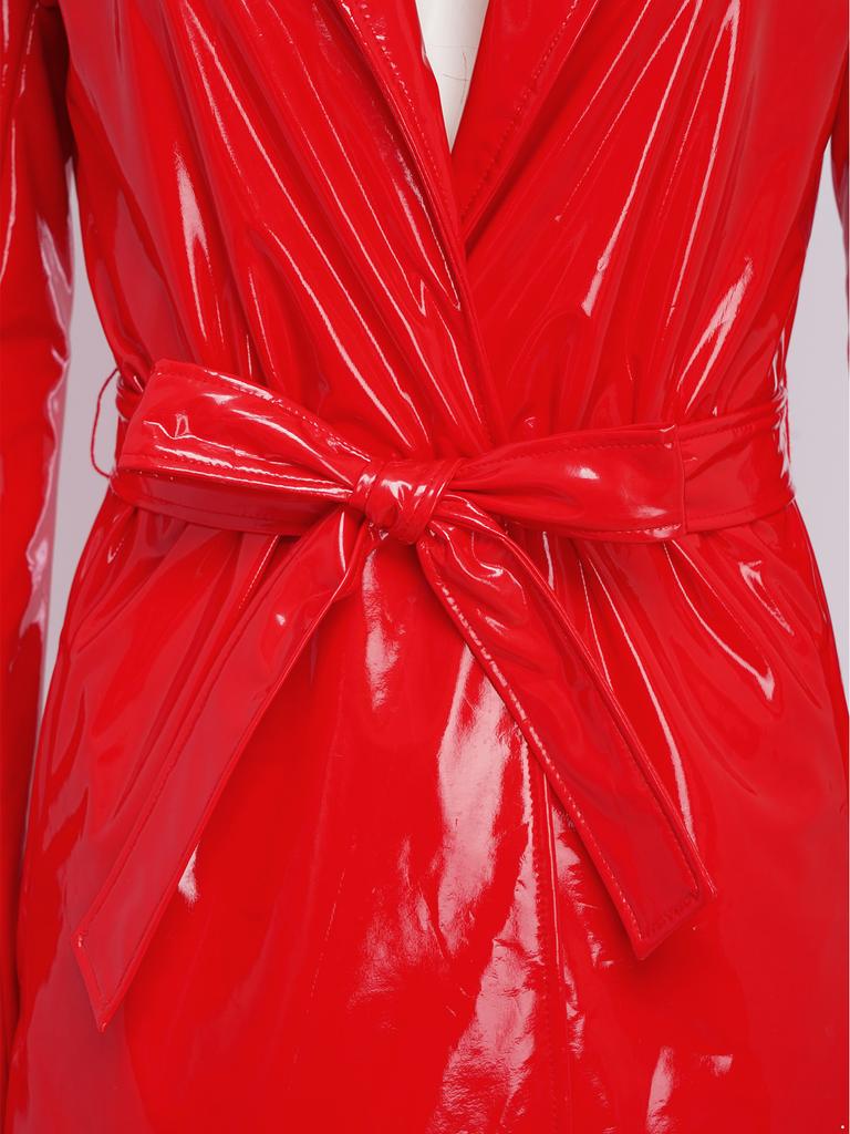 Женский длинный тренч из ПУ кожи с глянцевым лацканом, открытый спереди, длинная куртка с поясом, повседневная уличная одежда