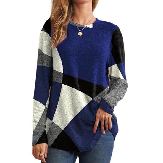 Women Tops Round Neck Long Sleeve Contrast Color Geometric Print Loose Fit Tee Shirt Casual Pullover Tops