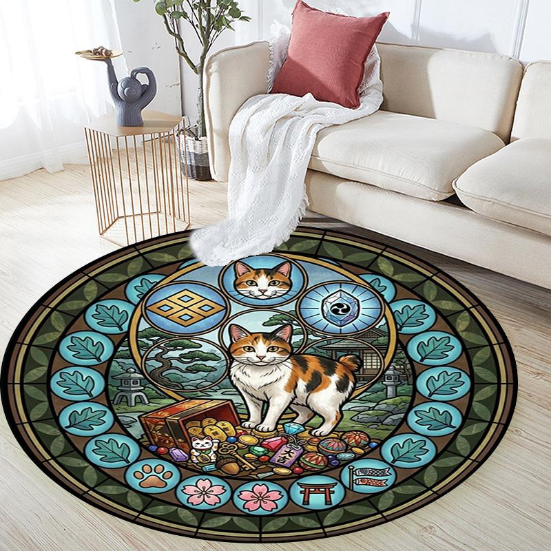 Cats Peacocks Elephants Gems Temple Glass Round Area Rug Under Office Chairs Bedroom Living Room Home Decor