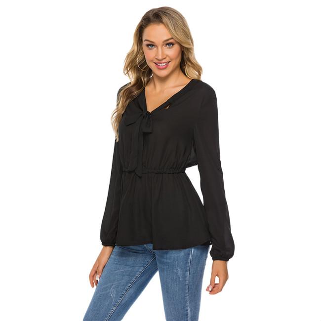 Summer Sexy Fashion Casual V Neck Tie Waist Long Sleeve Shirt Long Sleeve Cool Top