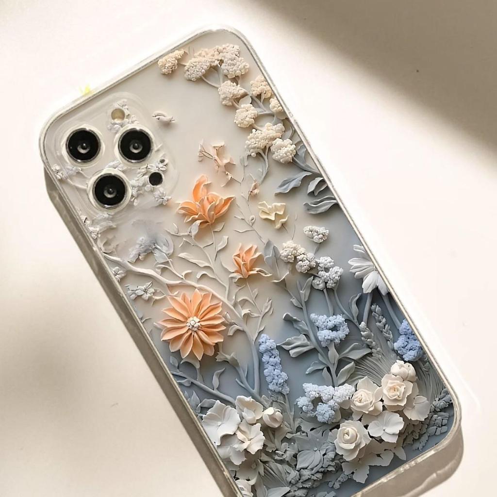 Shockproof Clear Case with Embossed Flower Design for iPhone 14/15/16/17 Promax Series