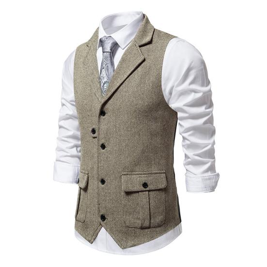 Мужской жилет с лацканами, без рукавов, однобортный, приталенный жилет с карманами с клапанами, однотонный деловой жилет, пальто