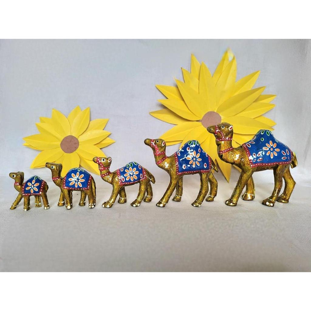 Paper Mache Handcrafted Showpiece Camel Set for Home Decor - Yellow (Set of 5)