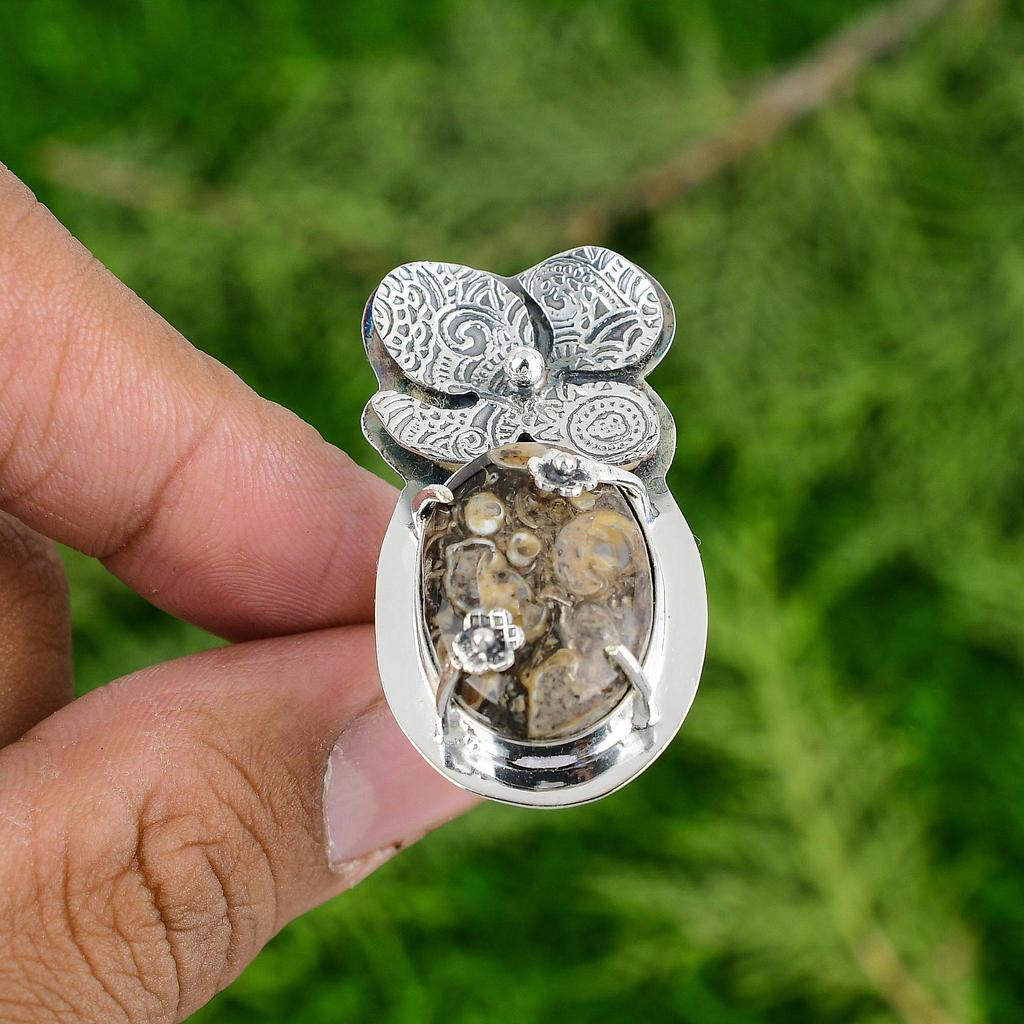 Natural Turritella Agate 925 Silver Multi Stone Flower Adjustable Ring For Girls