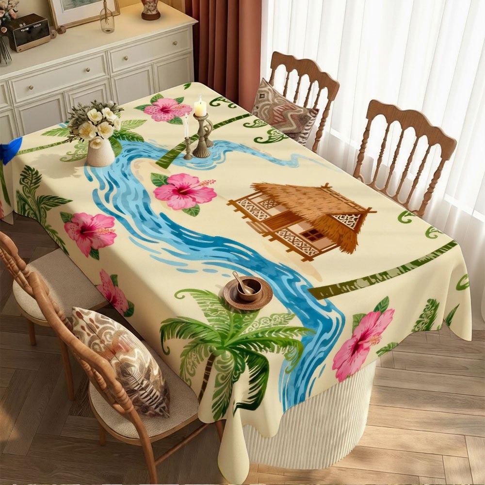 1pc Tablecover, Tropical Island Coconut Grove Floral House with Blue Umbrella, Rectangle, for Wedding Home Decor, Picnics, Camping, Weddings, Birthday