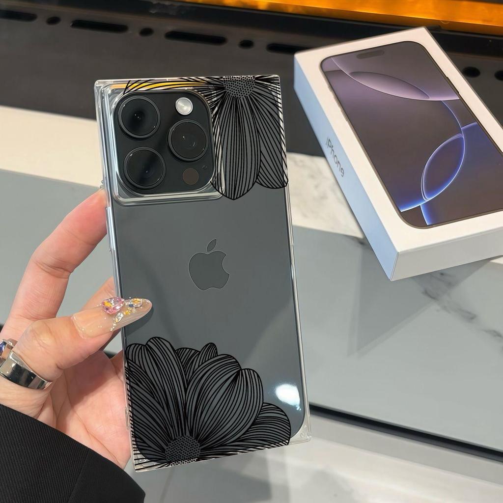Прозрачный чехол с квадратной задней крышкой для защиты трубки для iPhone 14 Pro Max 11 12 15 Plus 16 ProMax 13, защита от окисления, чехол с лепестками и черными линиями