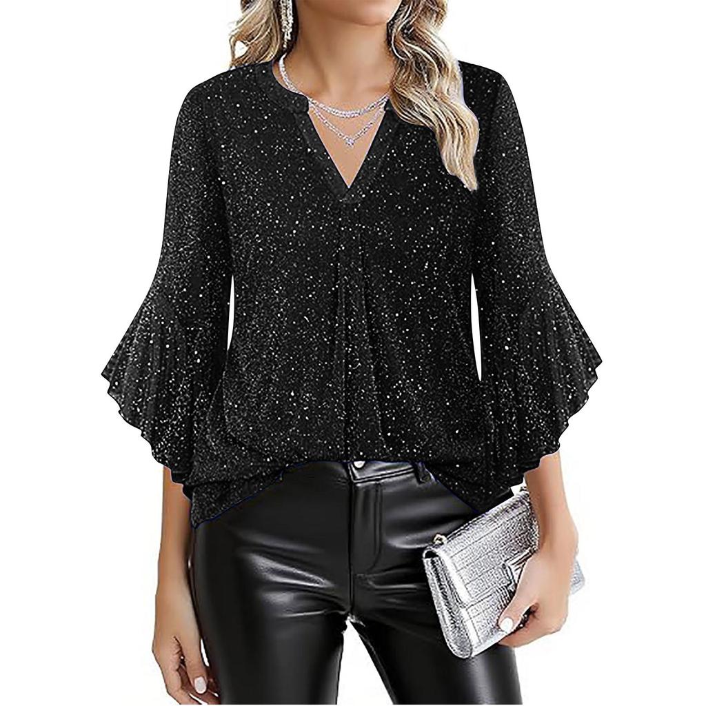 Женский модный тюлевый топ с V-образным вырезом, рукавами-лепестками три четверти, свободного кроя