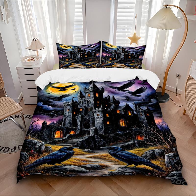 3pcs Castle Night Raven Duvet Cover Set, Soft Comfortable Duvet Cover,Guest Room (1*Duvet Cover + 2*Pillowcase, Without Core) yy251104146