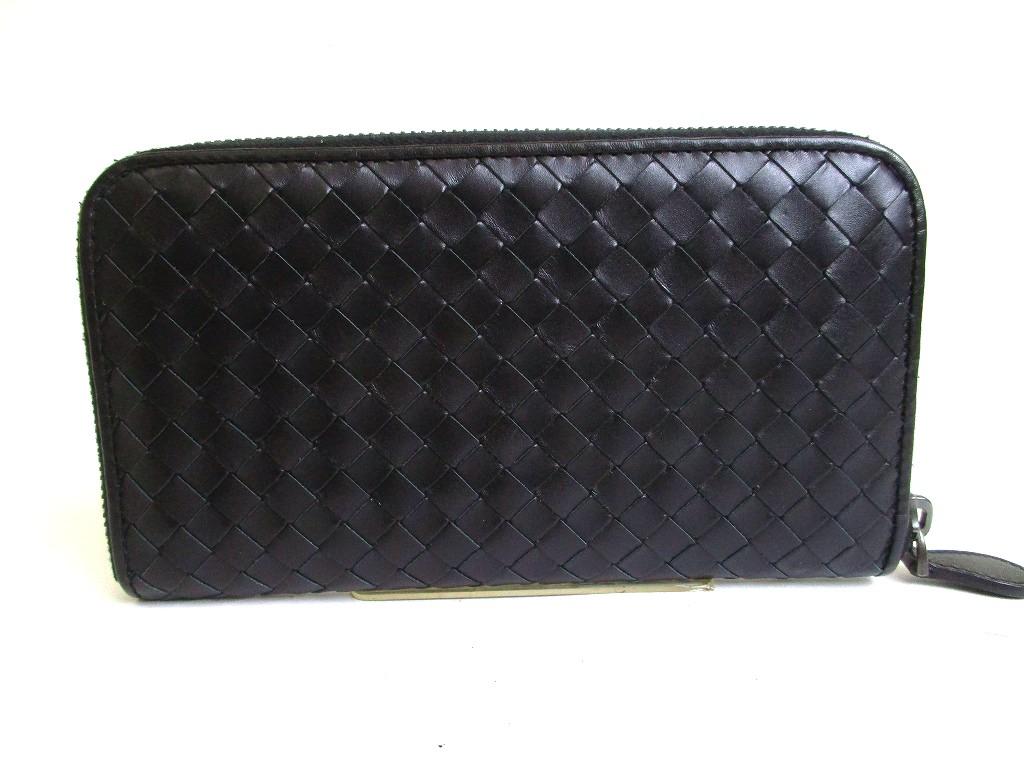 Оригинальный кошелек-портмоне BOTTEGA VENETA Intrecciato из черной кожи с круговой молнией #b278 Восстановлен продавцом