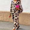 Women Dress V-Neck 3/4 Sleeves Comfortable Leopard Print Loose Elegant Party Dress Streetwear