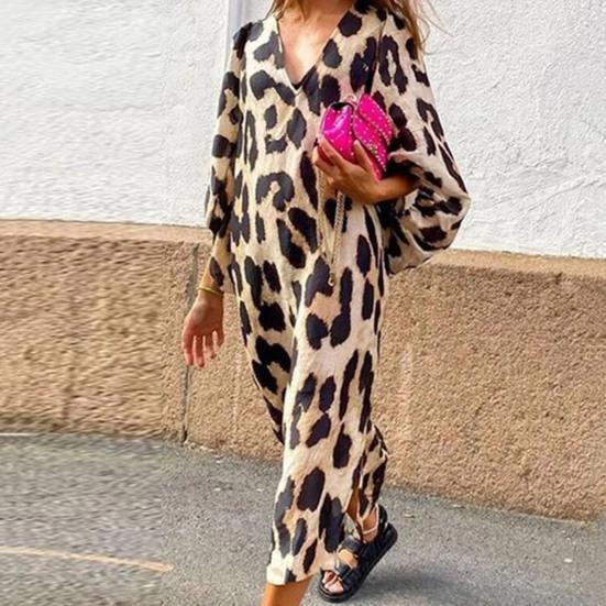 Women Dress V-Neck 3/4 Sleeves Comfortable Leopard Print Loose Elegant Party Dress Streetwear