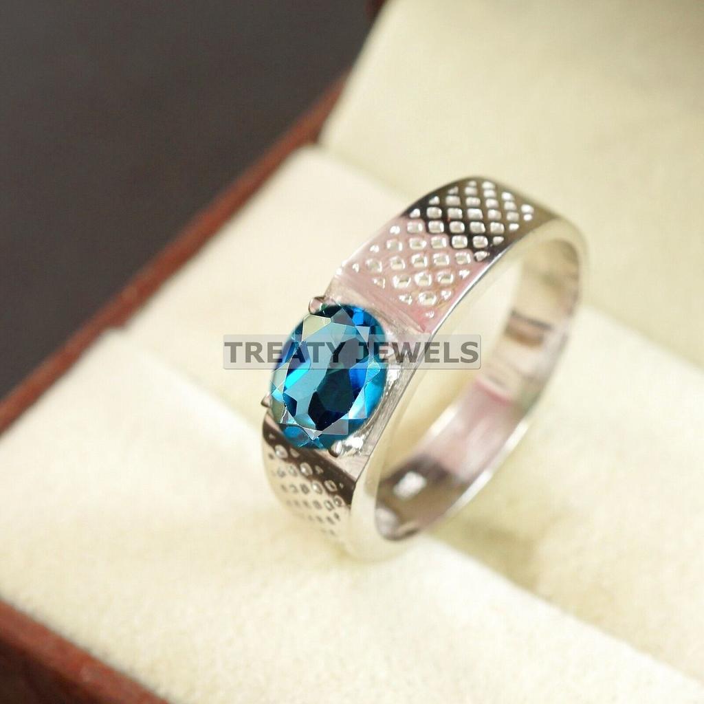 London Blue Topaz Oval Gemstone With 925 Sterling Silver Ring For Men's #B221 JL375675959026