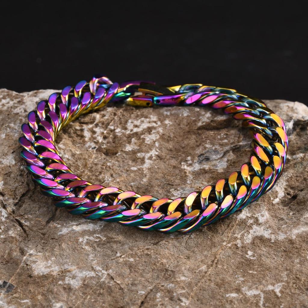 8mm/10mm/12mm Cuban Link Stainless Steel Man Bracelet Rainbow Colored Square Link Wristband Jewelry Gift for Dad Valentine's day
