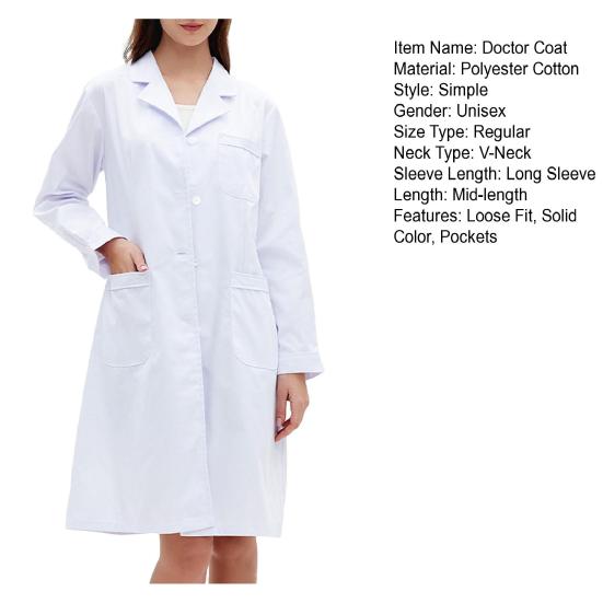 Doctor Coat White Long-Sleeved V-Neck Anti-Fouling Lab Coat Men Women Multi-Pocket Design Work Lab Coat