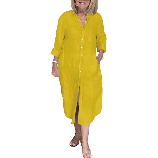 Women's Long Sleeve Button Down Shirt Dress Loose Cotton Linen V Neck Long Dress with Pockets Summer Casual Outfit