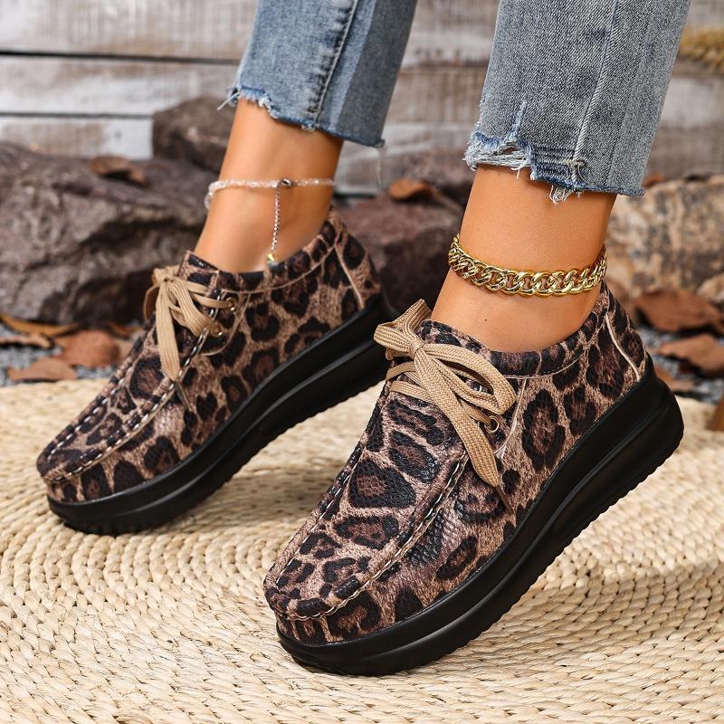Женские слипоны больших размеров с леопардовым принтом - Толстая подошва, удобная мягкая подошва, круглый носок, низкий вырез, повседневная обувь с верхом из синтетической ПУ кожи