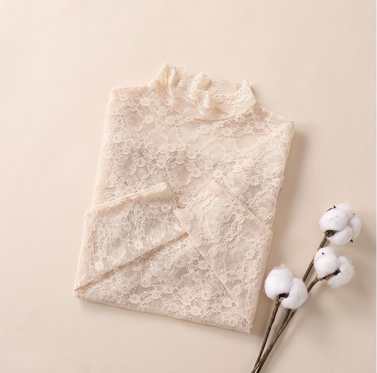 2024 Тонкий корейский кружевной сетчатый пуловер - полувысокий воротник, телесный цвет