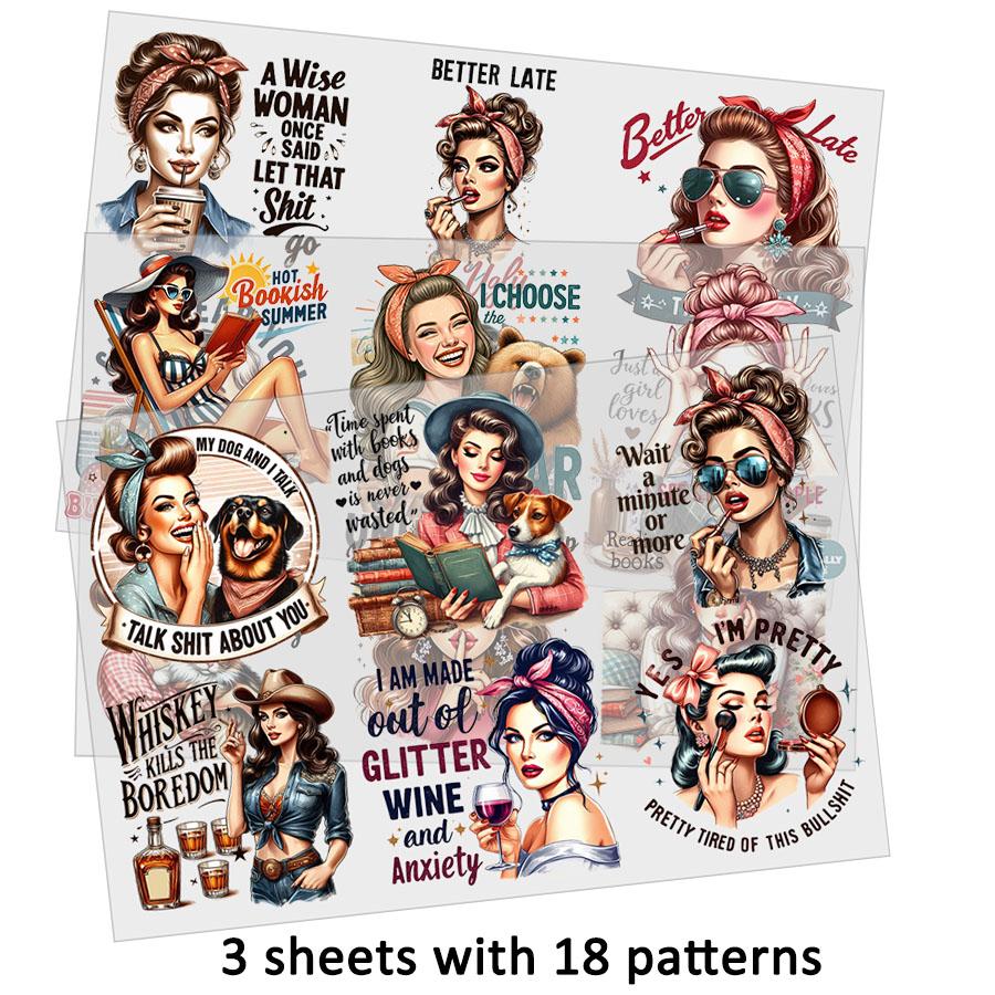 3Pcs Retro 80S Woman Sarcastic Housewife Diy Uv Dtf Rub On Transfer Stickers Craft Glass Mug Cup Wraps Junk Journal Scrapbooking