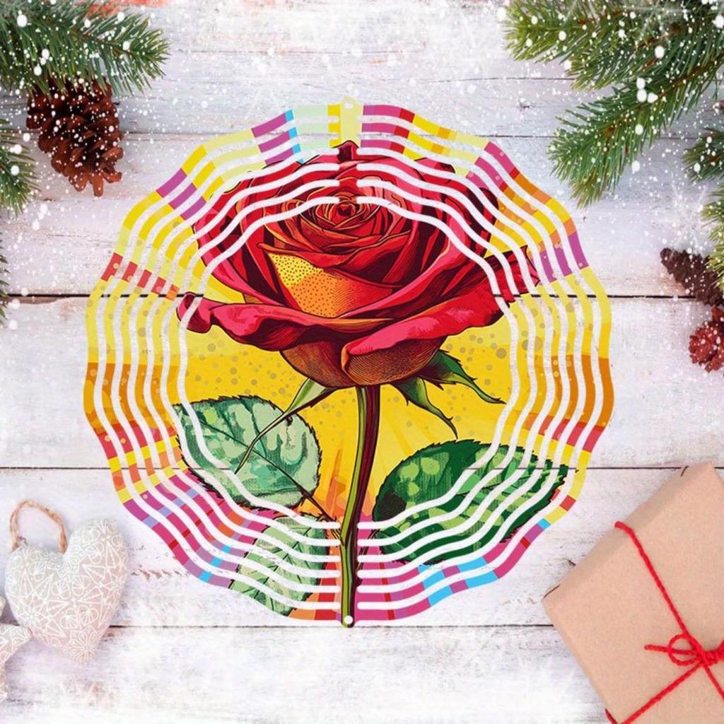 1pc Modern Art Red Rose Pattern Decorative Spiral Hanging Garden Wind Chime, Power Art Craft Windmill, Bi-Directional Rotatable | Outdoor