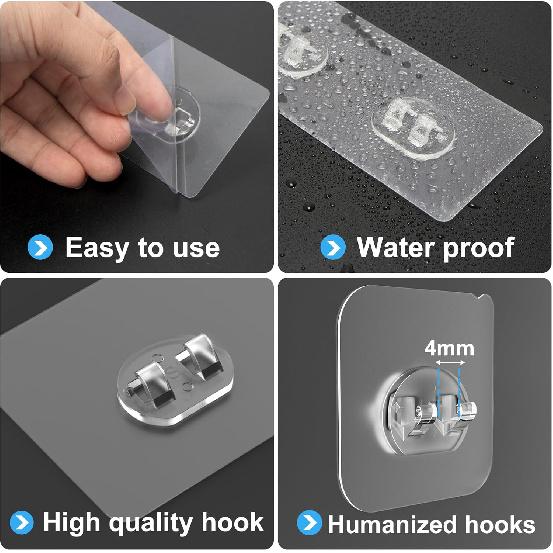 14 Pack Shower Caddy Adhesive Replacement, Transparent Strong Adhesive Hooks, No Drilling, Waterproof Wall Hooks for Shower Caddy, Bathroom Storage
