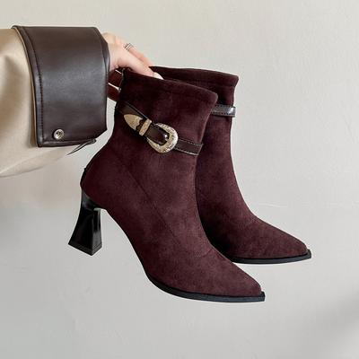 Корейская версия остроносые толстый каблук ремень декоративные эластичные тонкие ботильоны большой размер осень новые черные высокий каблук замшевые короткие ботинки