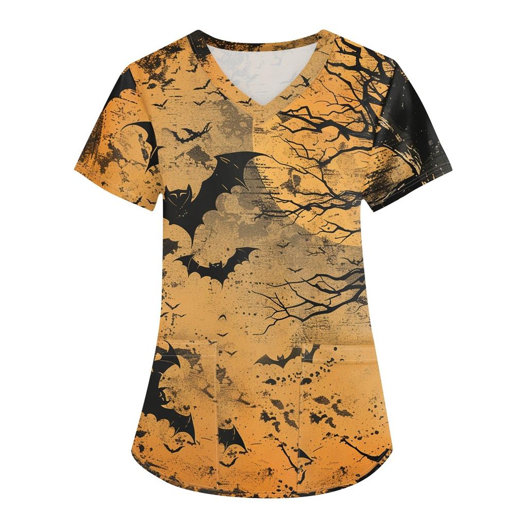 Женская мода V-образным вырезом с короткими рукавами и карманами Топы с принтом на Хэллоуин