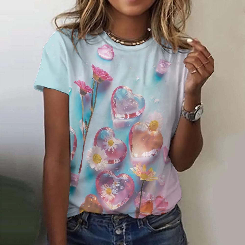 Летний топ с круглым вырезом и принтом в виде 3D-камней Love Stone Droplets, модные повседневные женские футболки с короткими рукавами