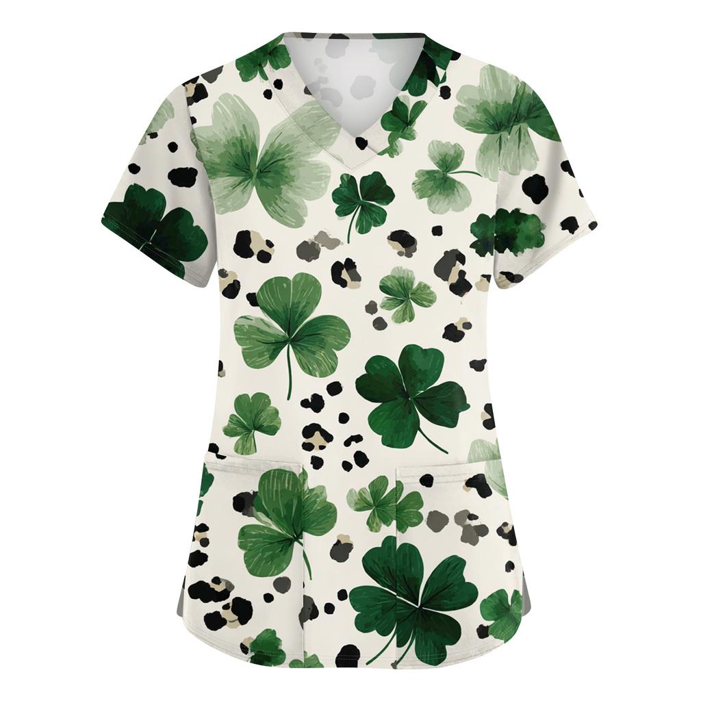 Ladies' St. Patrick Print Fashionable V-neck Pocket Short Sleeved  Uniform And Caregiver Top